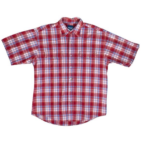 Wrangler Other - Wrangler Western Shirt Men's L Red Plaid Pearl Snap Short Sleeve Button Up